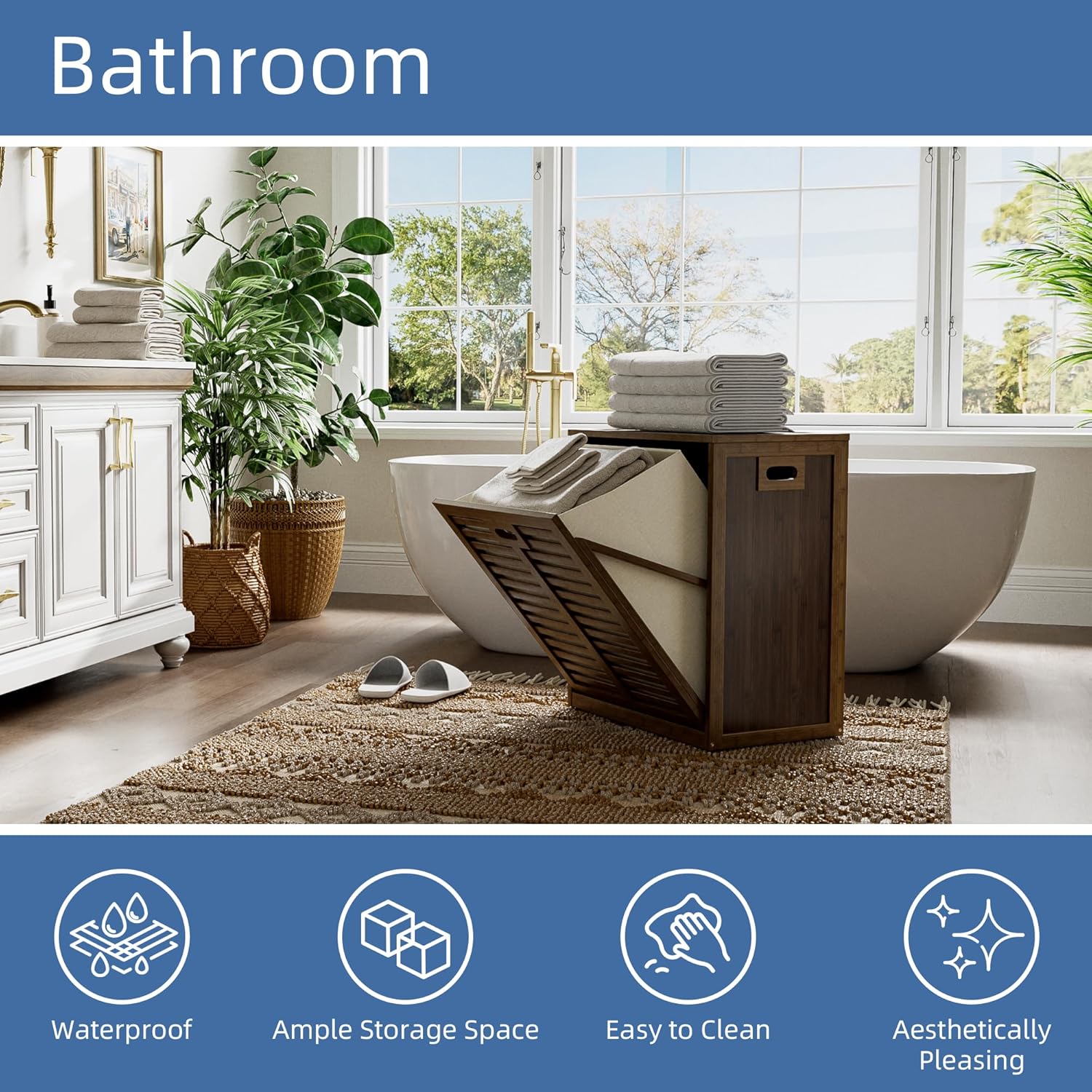 HITNET Bamboo Tilt Out Laundry Hamper, Bathroom Storage Cabinet with Hidden Removable Basket and 3 Sides Cutout Handles, Freestanding Kitchen Trash Can Cabinet, Walnut