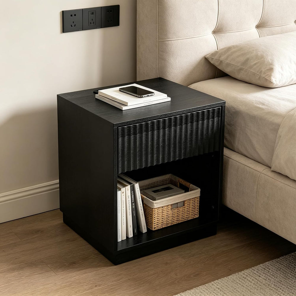 Night Stand with Charging Station, 23 Inch Tall Fluted Modern Bedside Table w...