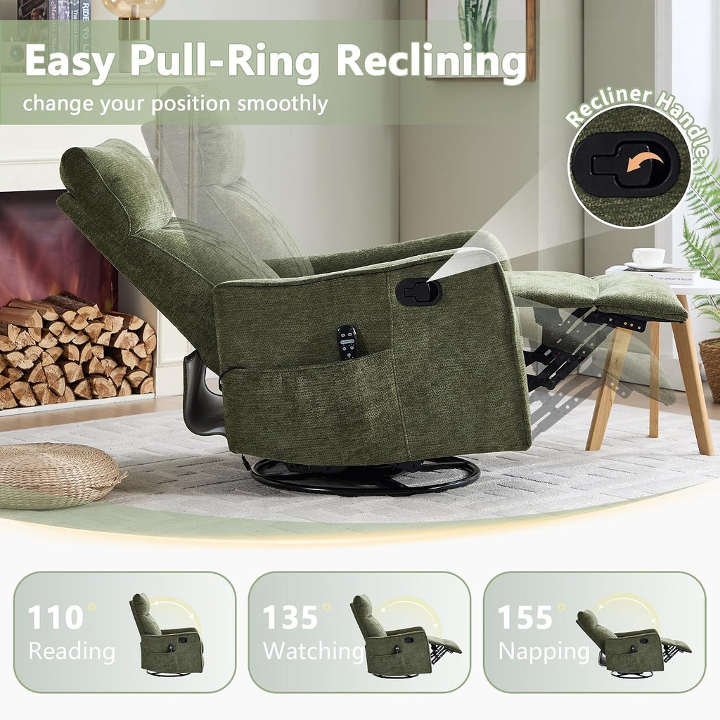 Swivel Rocker Glider Recliner Chair for Nursery and Small Spaces with Heated Massage Manual Rocking Recliner Sofa for Living Room Home Theater