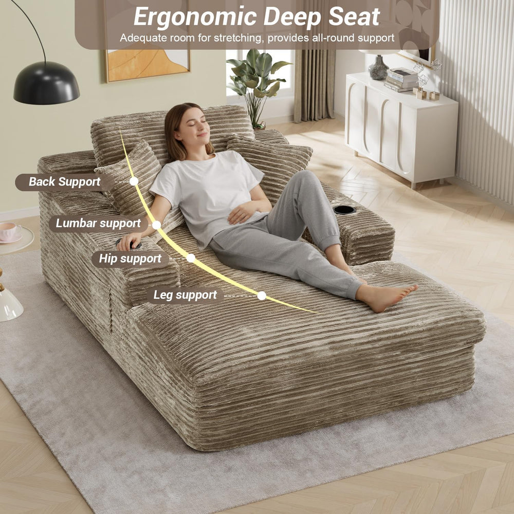 49" x 76" Corduroy Chaise Lounge, Cup Holders, Camel | Super-oversi...