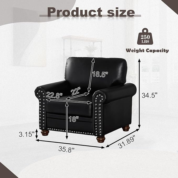 Faux Leather Accent Chair,35" W Upholstered Mid Century Modern Armchair with Rivet Rolled Arm,Deep Seat Comfy Single Sofa Chair for Living Room,Bedroom,Apartment,Office(Black)