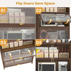 44'' Tall Metal Kitchen Storage Cabinet with 3 Flip-up Doors, Freestanding Pantry Cabinet with Adjustable Feet, 4-Tier Microwave Stand with Storage Rack for Kitchen Dining Living Room (4-Tier, Walnut)