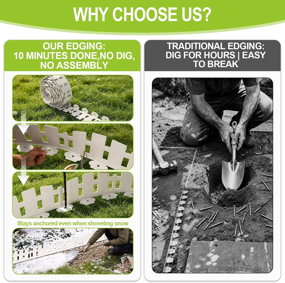 Garden Edging Border, 50ft x 4.5 in White Picket Fence with 90 Stakes