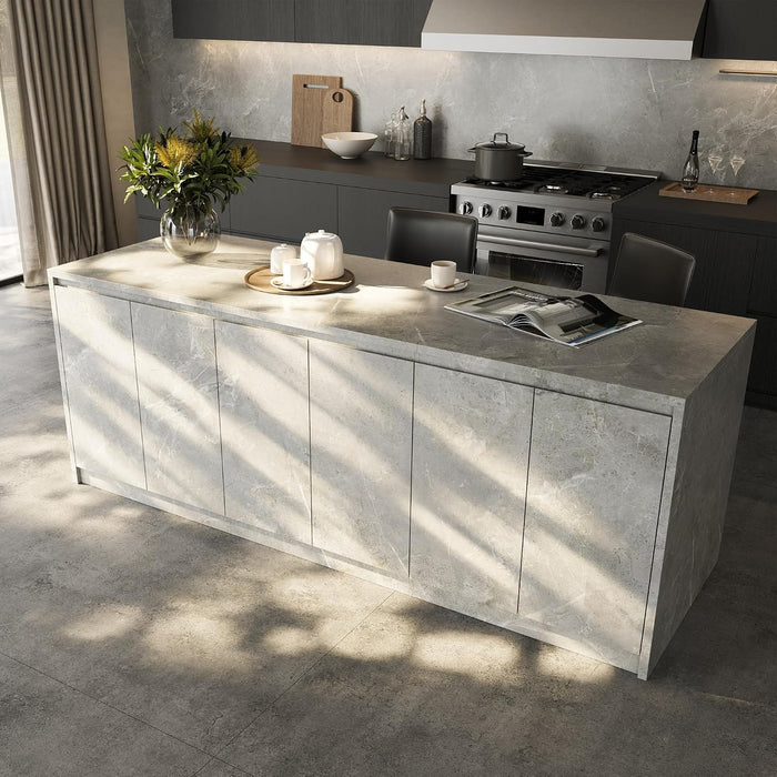 Homsee 94.5" Large Kitchen Island with 6 Doors, Grey with Marble Veneer