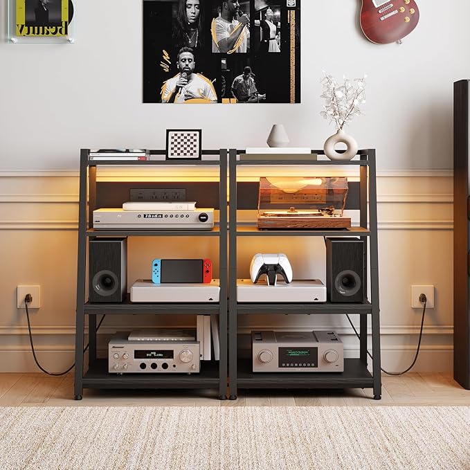 HOOBRO 4-Tier AV Media Stand with Charging Station and LED Light, Wooden Stereo Cabinet, Media Audio Tower Rack, Corner TV Stand, Record Player, Entertainment Device, Black BB106UDCJ01