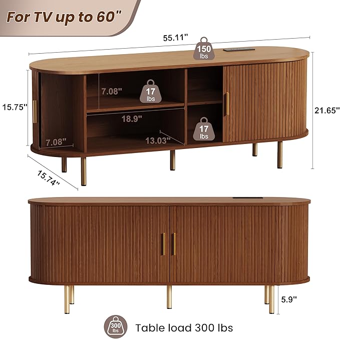 DHH 55 Inch Mid Century Modern TV Stand with Power Outlet for TVs up to 60 Inch, Entertainment Center with Storage and Adjustable Shelves, Media Console with Sliding Doors for Living Room(Walnut)