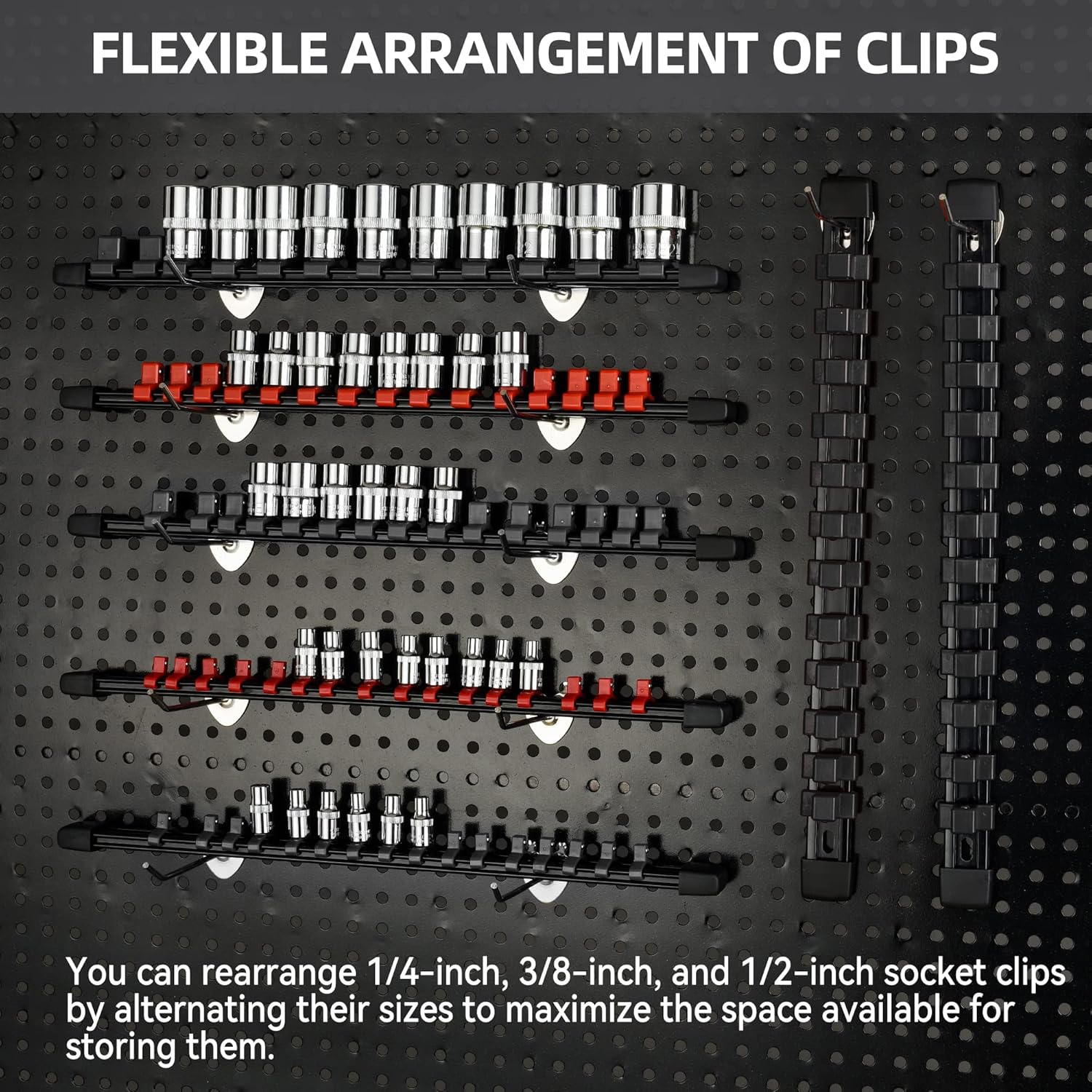 Socket Organizer Drive ABS Tools - Black Socket Holder, Premium Quality 12 Pieces Socket Holders Kit 1/4-Inch x 64 Clips, 3/8-Inch x 60 Clips, 1/2-Inch x 48 Clips（12PC,Black)