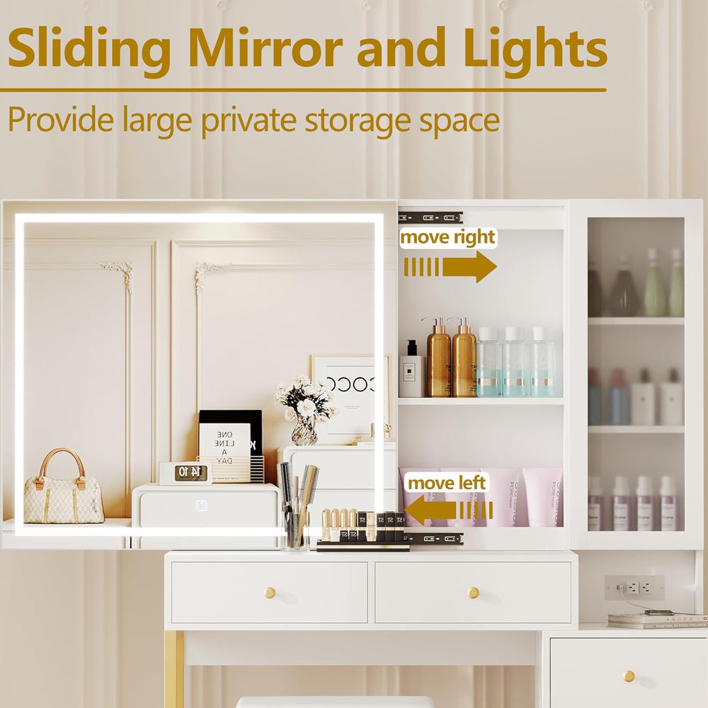 Extra Large Modern Makeup Vanity Table Set with Sliding Lighted Mirror, Charg...