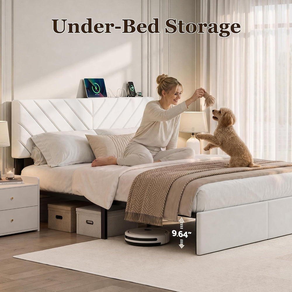 Queen Bed Frame with Adjustable Headboard, White Velvet Upholstered
