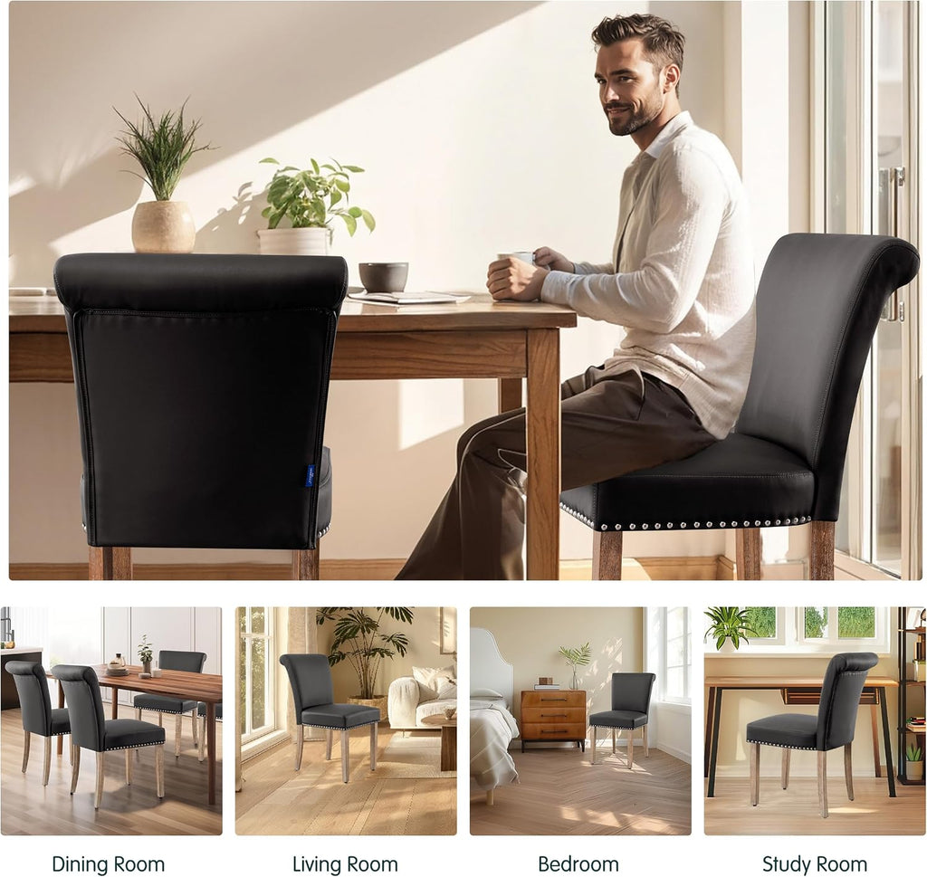 SyMax Dining Chairs Set of 4, Modern Faux Leather Parson Dining Room Chairs, High-End Kitchen Side Chairs with Nailhead Trim and Wood Legs, Chocolate, 4PCS