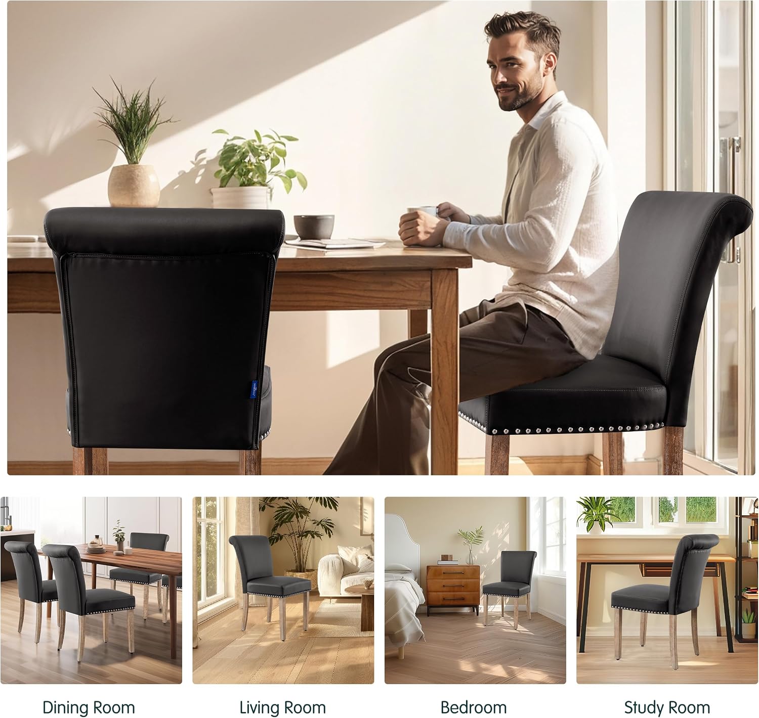 SyMax Dining Chairs Set of 4, Modern Faux Leather Parson Dining Room Chairs, High-End Kitchen Side Chairs with Nailhead Trim and Wood Legs, Chocolate, 4PCS