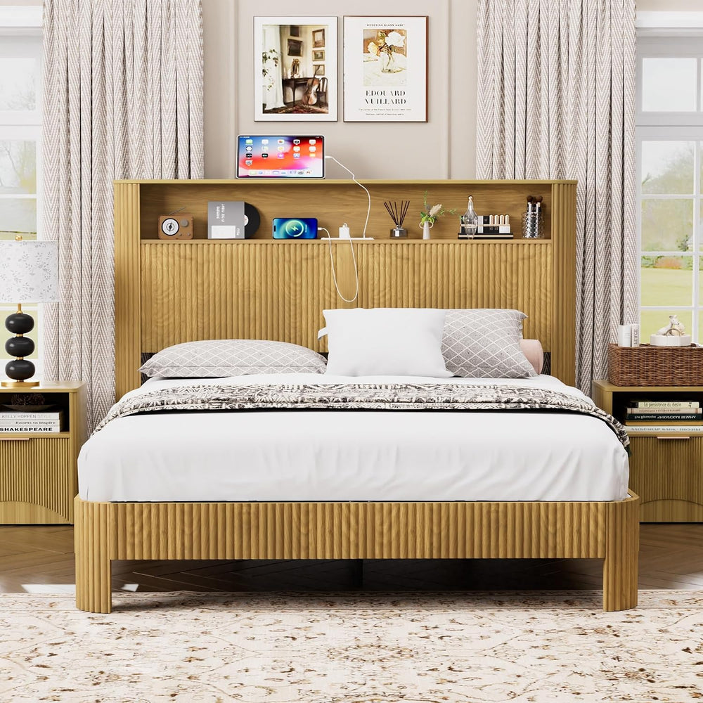 Peanu Queen Bed Frame, Storage Headboard, Charging Station, Silent, Natural