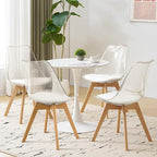 Clear Dining Chairs Set of 2, Modern Acrylic Dining Chair Transparent Chairs with PU Leather Cushions Seat & Wood Legs, Side Chairs for Dining Room Kitchen Restaurant Balcony (White)