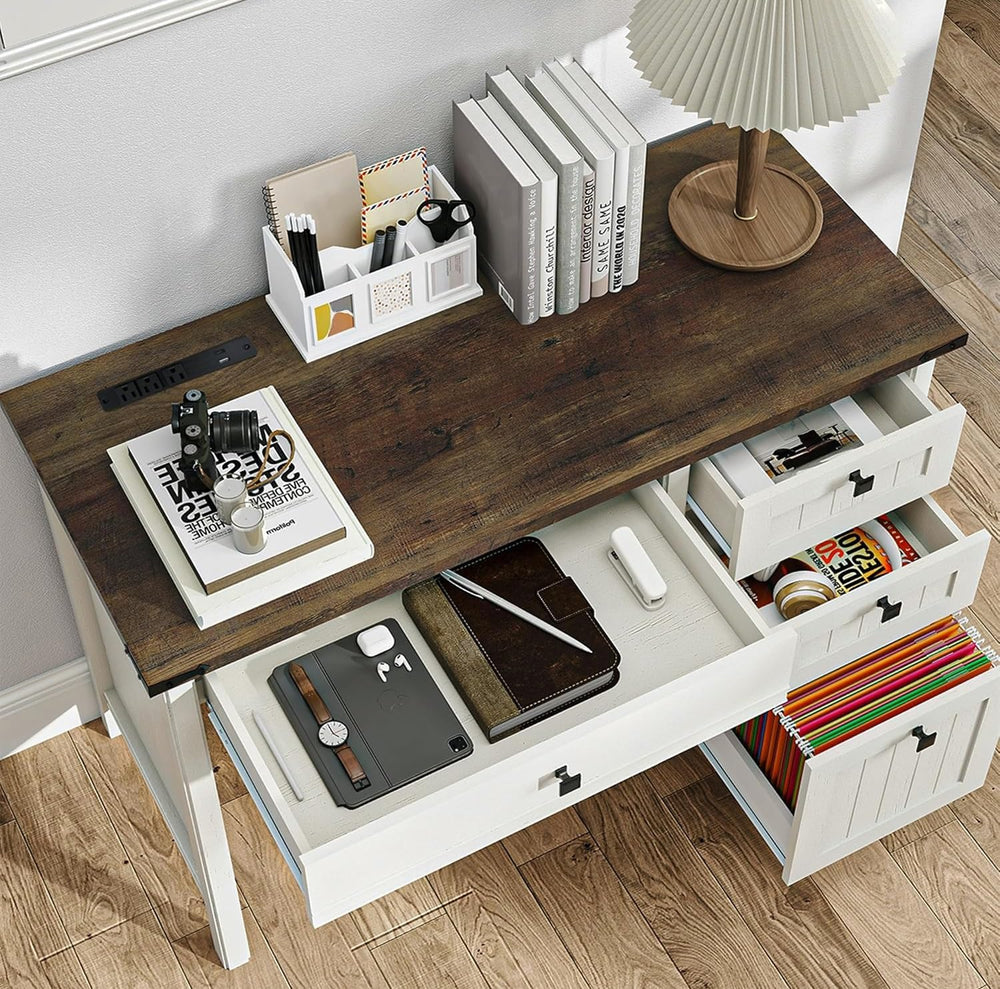 White Farmhouse Desk 45" with 4 Drawers & Charging Station