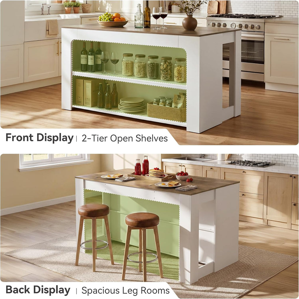 LITTLE TREE 55" Kitchen Island with Storage Shelves | 3-Tier Farmhouse Stationary Island Table with Extra Large Work Surface & Leg Room for Kitchen Dining Room (White and Brown)