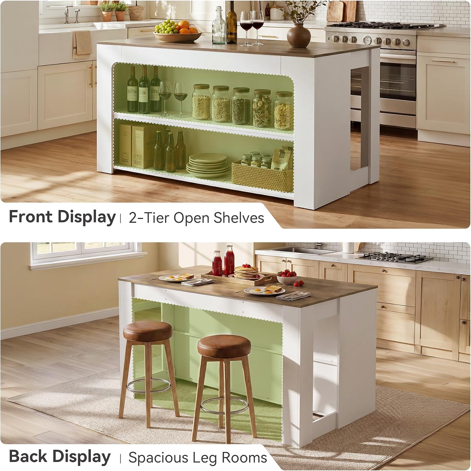 LITTLE TREE 55" Kitchen Island with Storage Shelves | 3-Tier Farmhouse Stationary Island Table with Extra Large Work Surface & Leg Room for Kitchen Dining Room (White and Brown)