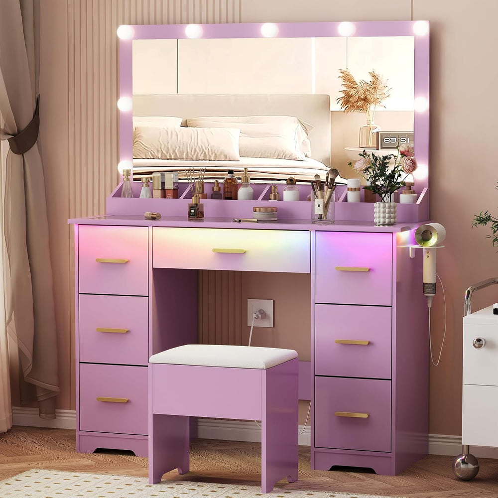 44" Vanity Desk with Chair and Glass Top, Vanity Table with 7 Drawers | ...