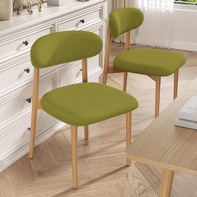 Wooden Dining Chair Set of 2, Modern Dining Chairs with with Curved Back, Fabric Upholstered Kitchen Dining Room Chairs with Adjustable Legs for Farmhouse Dining Living Room,Green