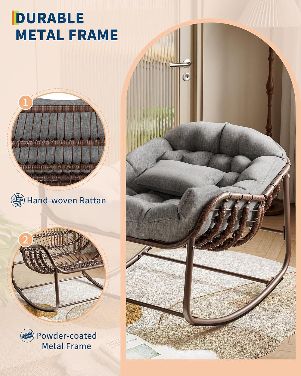 Oversized Papasan Rocking Lounge Chair with Neck Pillow, Hand Woven Rattan Ro...