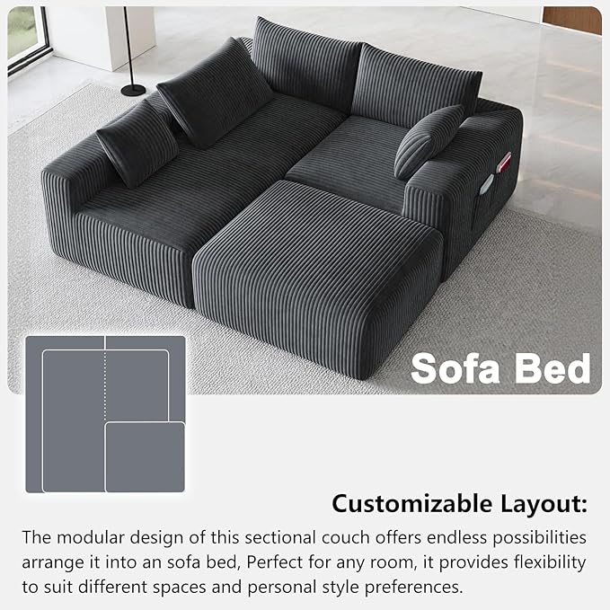 108" Cloud Couch Modular Sectional Sofa for Living Room,L Shaped Boneless Couch with Deep Seat Chaise,No Assembly Required Foam Sleeper Sofa for Apartments,Plush Corduroy Fabric, Dark Gray