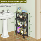 Utility Slim Storage Cart, 4 Tier Small Rolling Kitchen Laundry Room Cart with Wood Top, Metal Narrow Bathroom Storage Cabinet Mobile Shelf Unit Organizer Trolley with Handle for Narrow Space