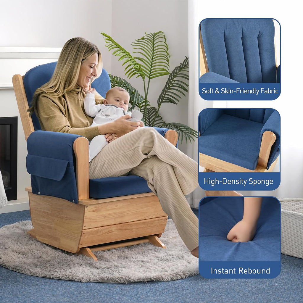 Rubberwood Glider Rocker & Ottoman Silent Nursery Chair for Feeding, Blue | Dual full mechanical bearings Solid rubberwood Oak stain Waterproof dual-fabric cushion High-density sponge Easy assembly