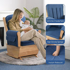 Rubberwood Glider Rocker & Ottoman Silent Nursery Chair for Feeding, Blue | Dual full mechanical bearings Solid rubberwood Oak stain Waterproof dual-fabric cushion High-density sponge Easy assembly