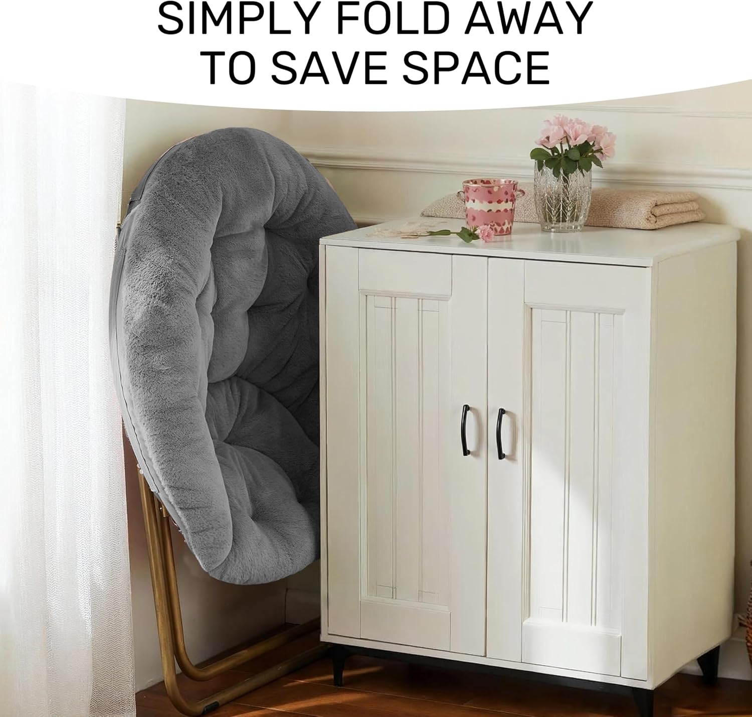 YSSOA Saucer Chair, Comfy Faux Fur Chair for Bedroom, Saucer Chairs for Adults, Teens, Round Shaped Moon Chair with Foldable Metal Frame, Grey