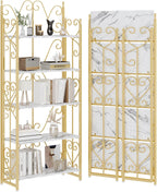 JSB 5 Tier Folding Bookshelf,Industrial Storage Shelves, No Assembly Vintage Wood Look Bookshelf with Storage Shelves for Living Room, Bedroom, Office (White and Gold)