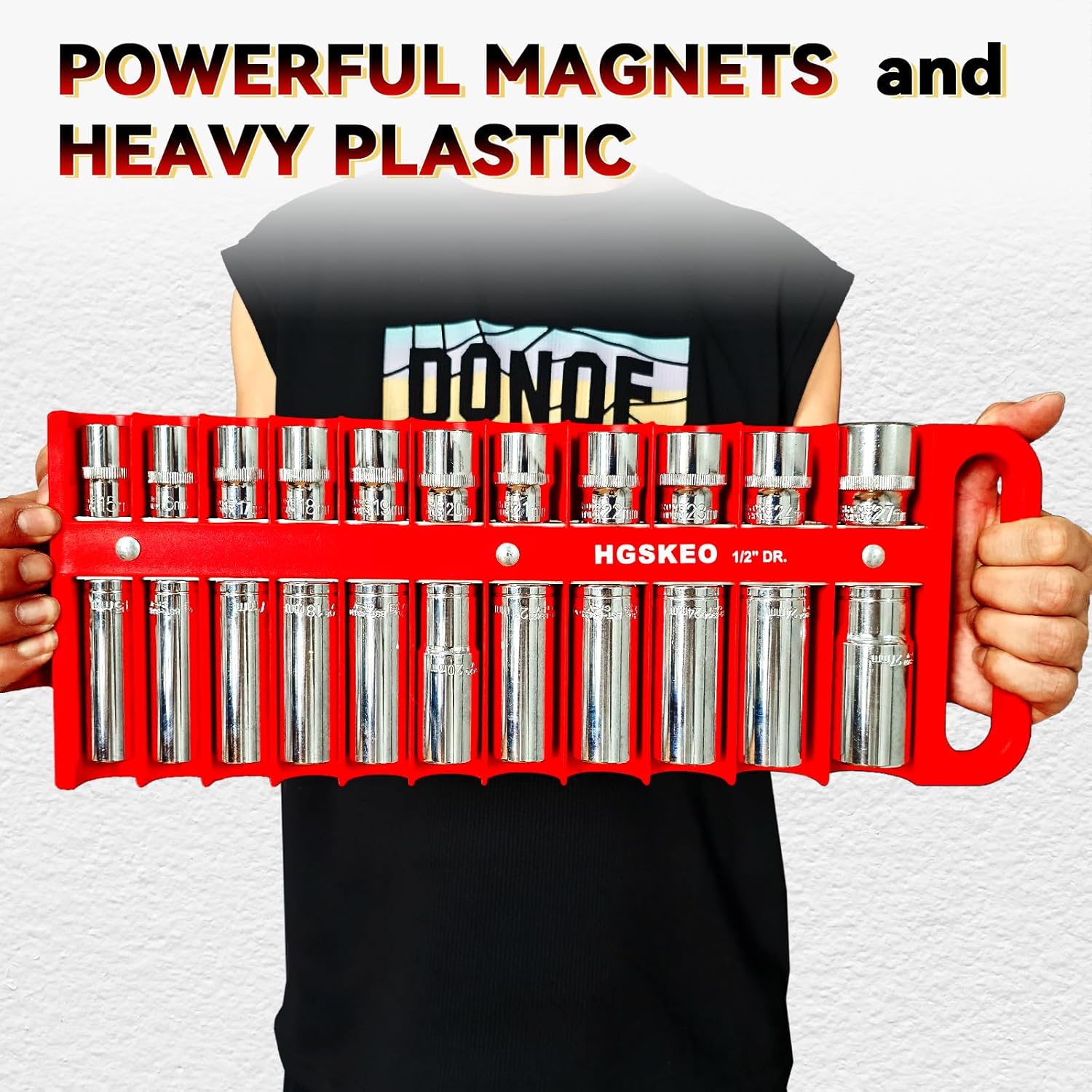 Magnetic Socket Holder Set with Handle, Portable Socket Organizer, Heavy Duty Socket Racks 1/2" Drive Holders Hold 22 standard Sockets for Tool Box (Red, 1/2" Drive)