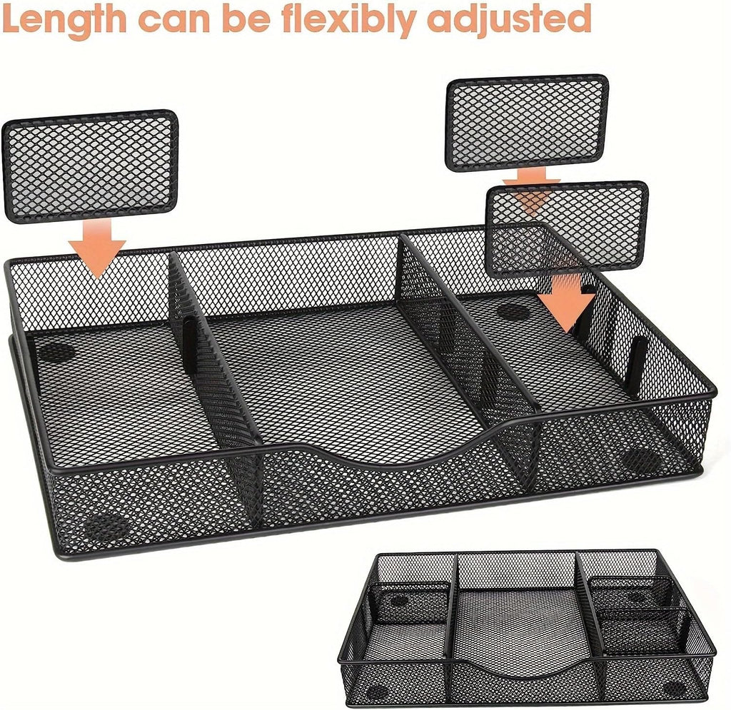 Desk Drawer Organizer Tray, Metal Mesh Drawer Organizers Office, 6 Adjustable Compartment, Desk Organizer Tray for Home Office 12.87L x 8.73D x 1.96H inch, Black, 1PC Medium