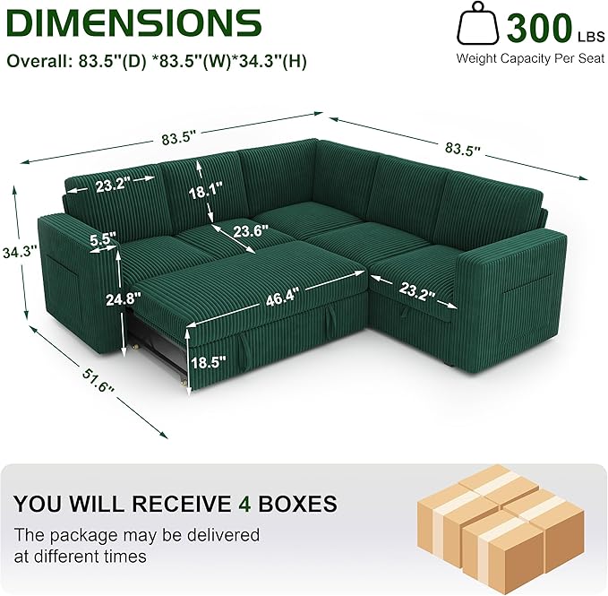83.5" Sectional Sleeper Sofa with Pull Out Couch, Modern 5 Seat L Shaped Modular Couch,Green Sectionals Modular Sofa with Storage, Comfy Corduroy Couches Sectional for Living Room & Apartment