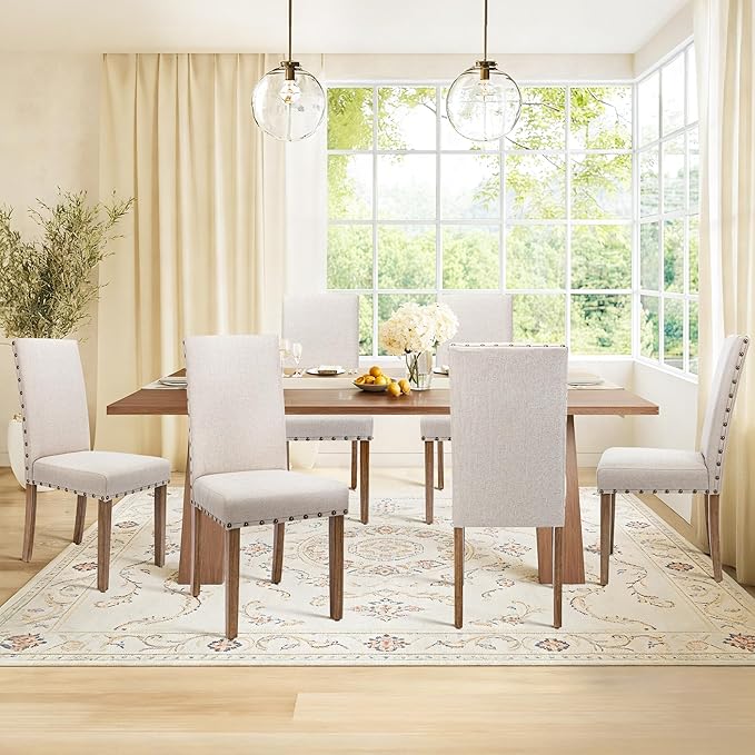 Upholstered Dining Chair Modern Stylish Parsons Kitchen Diner High Back with Bronze Nailhead Trim & Wood Legs, Set of 2, Beige