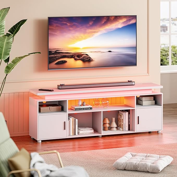 SUNCOZE TV Stand, Entertainment Center with LED Lights and Cabinet for 70/75/80 Inch, Modern TV Console Gaming Media Television Stands with Power Outlets for PS5 in Living Room and Bedroom, White