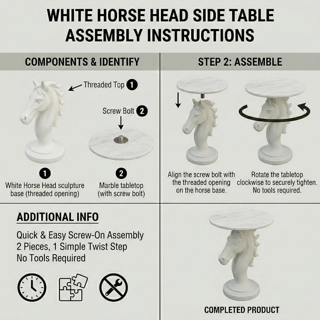 Modern Horse Statue Side Table - Round Faux Marble Top Accent Pedestal with Sculpture Base for Entryway & Living Room, White