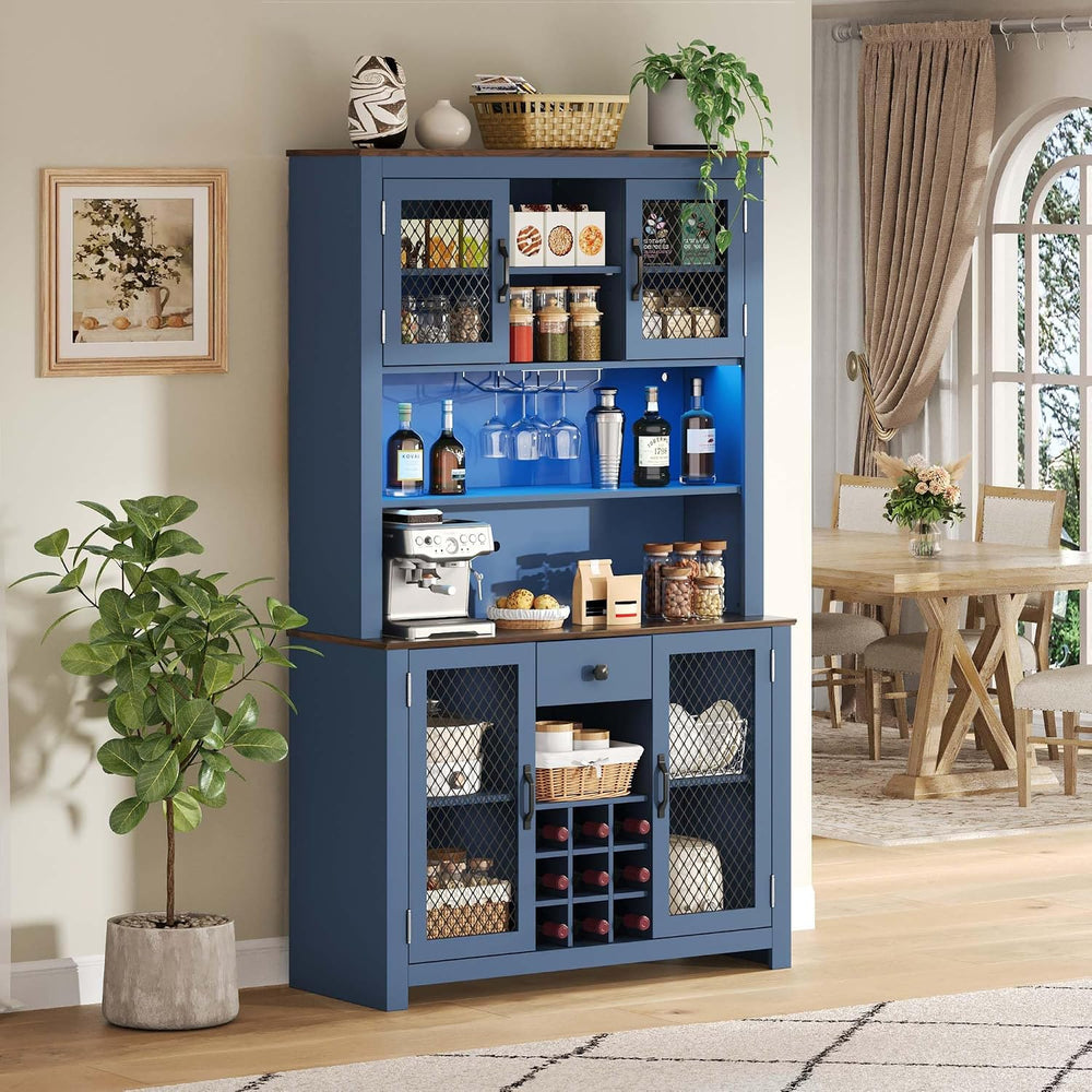 71” Kitchen Pantry with Microwave Shelf & Charging Station, LED Lighting ...