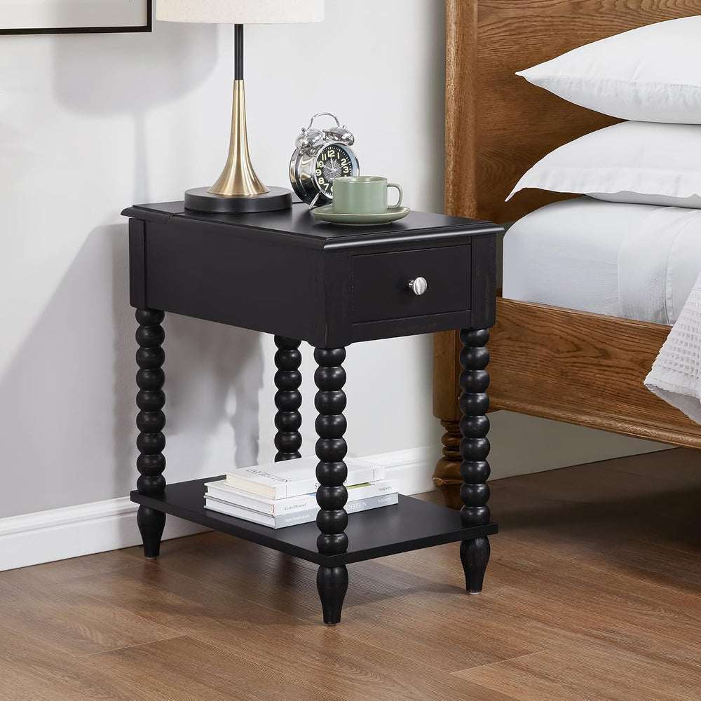 Solid Wood End Table with Charging Station & Drawer Shelf - Handcrafted S...