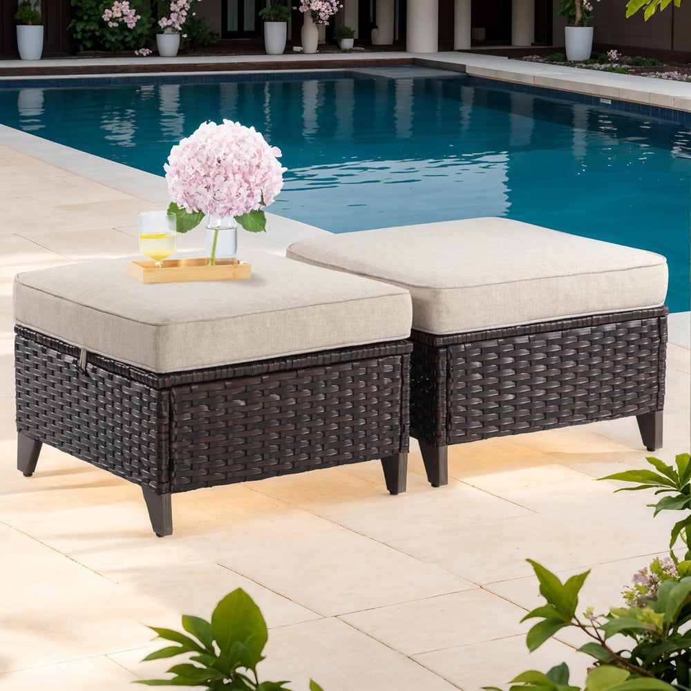 Joyside Patio Ottoman Set of 2, All Weather Outdoor Rattan Ottomans Patio Foo...