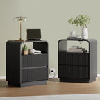 Black Nightstand with Charging Station, Mid Century Modern Bedside Table & End Table, Fluted Wood Small Night Stand with 2 Hidden Drawers and Storage Shelf for Bedroom