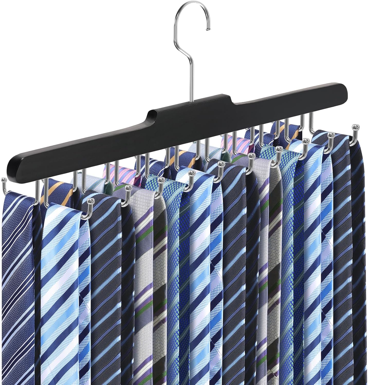 Tie Rack Hanger for Closet Fitnice Upgraded Non Slip Tie Holder Organizer Space Saving with 20 Foldable Hooks Wooden Belt Hanger for Tank Tops Bras Cami Scarves,Black