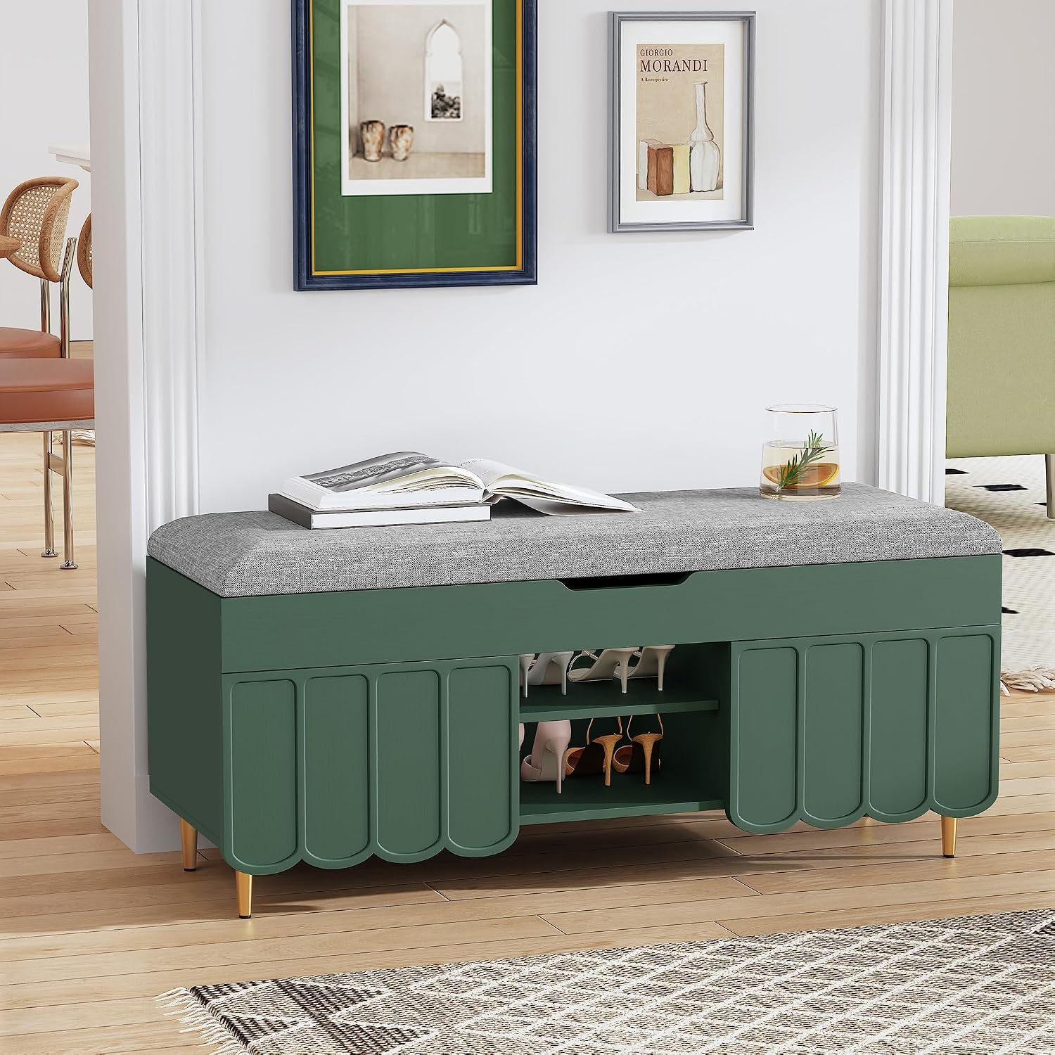 3More 40" Entryway Shoe Storage Bench,Upholstered Hidden Space Beneath Seat Cushion Bench,2-Tier Unique Geometric Shape with Wood Grain,Green