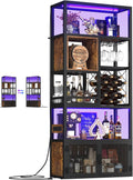 82.6" Tall Bar Cabinet with Power Outlets, 6-Tiers Reversible Wine Cabinet with LED Lights, Glass Holder & Wine Rack, Liquor Storage Cabinet Coffee Bar Station for Dining Living Room, Rustic Brown