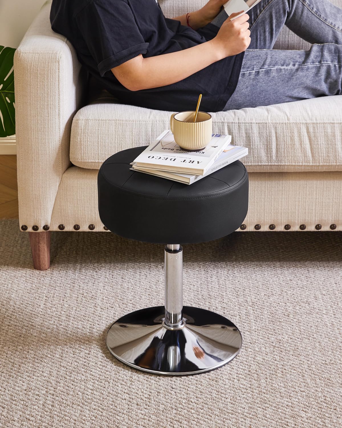 IBUYKE Height Adjustable 360°Swivel Vanity Stool Chair, Black WBD025B | Tufted Round Makeup Room Faux Leather Bathroom Living Room Modern Ottoman
