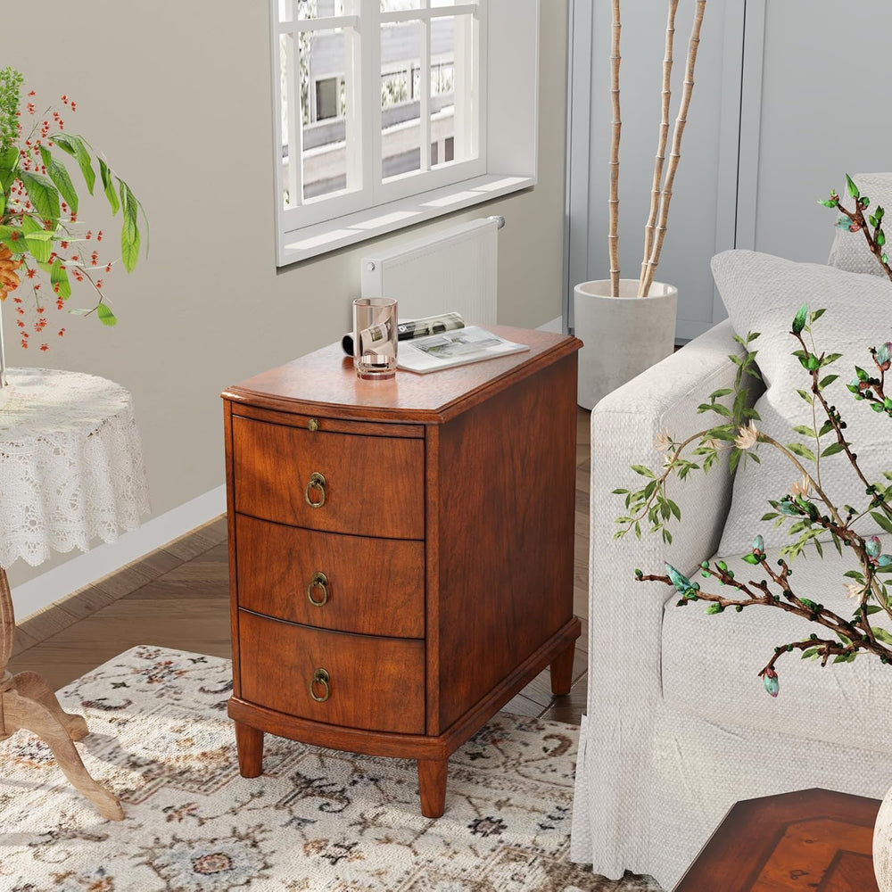 Solid Wood End Table with 3 Drawers, Cherry Red American Style Beside Table w...