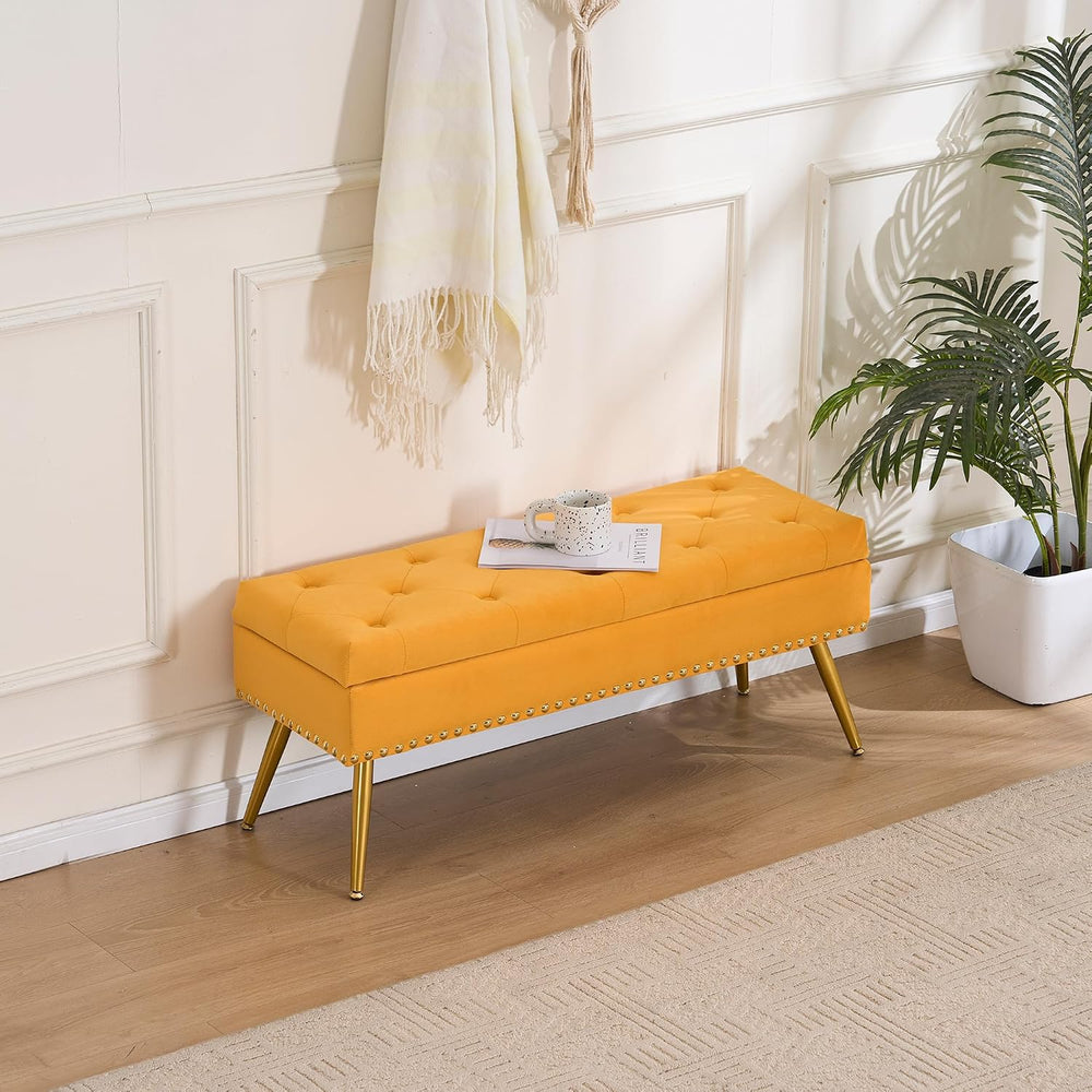 40" Mustard Yellow Velvet Storage Bench with Gold Legs Nailhead Trim | T...