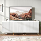 Fluted TV Stand for 80 Inch TV, Modern TV Stand Console, White Entertainment Center with Storage Cabinets, Adjustable Shelves & Gold Handles, Wood Media Cabinet for Living Room