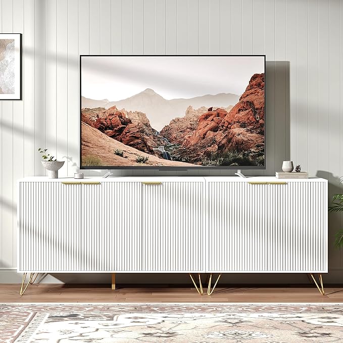 Fluted TV Stand for 80 Inch TV, Modern TV Stand Console, White Entertainment Center with Storage Cabinets, Adjustable Shelves & Gold Handles, Wood Media Cabinet for Living Room