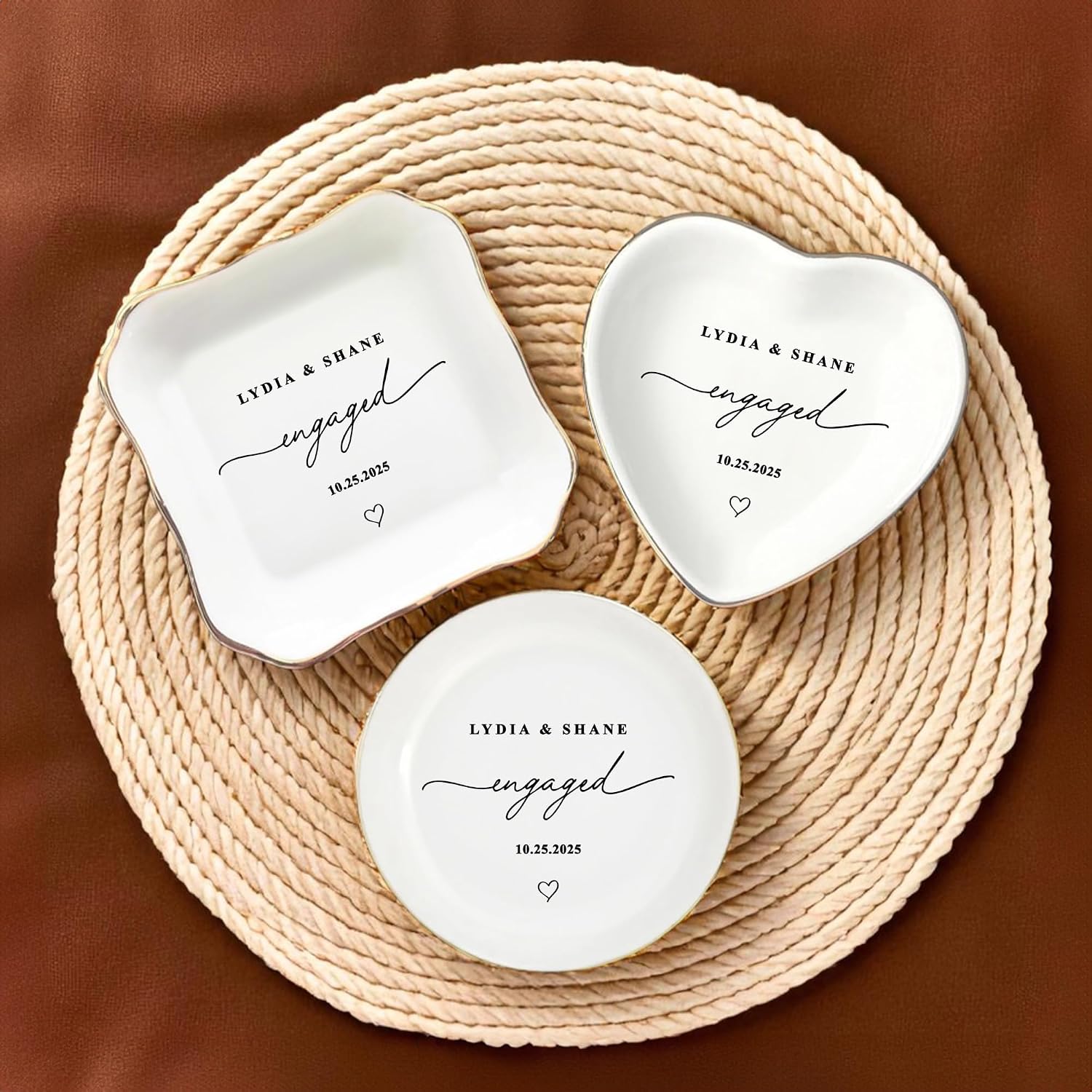 Personalized Ring Dish Engagement Gift for Couples - Custom Ceramic Jewelry Tray for Bride, Her, Women & Friends - Monogrammed Wedding Gifts, Trinket Dish for Rings and Earrings, Bridal Shower Gift
