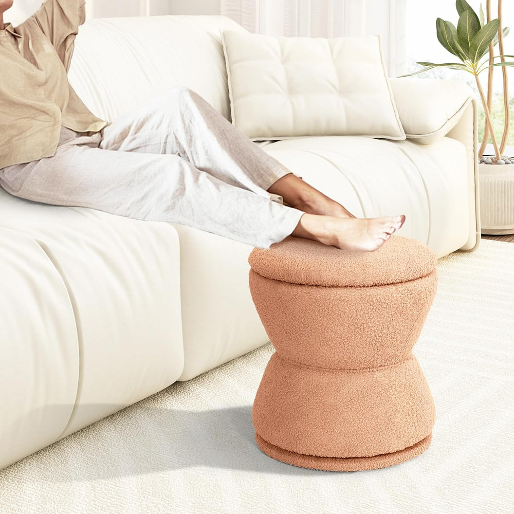 EazeHome Round Ottoman with Storage, Swivel Boucle Ottoman Vanity Stool, Upho...