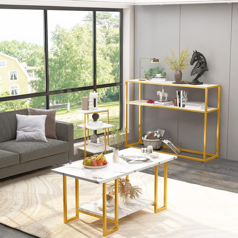 Lamerge Coffee Table Set of 3, Gold Coffee Table & 3-Tier End Table &...
